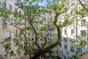 Paris, France - 05 20 2023: View of the courtyard of residential buildings in the Butte Bergeyre...