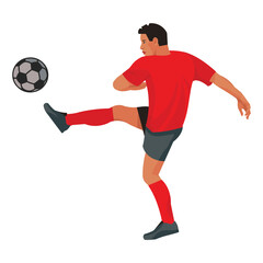 East asian footballer in red equipment in profile kicking the ball