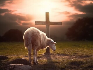 resurrection concept: the Lamb of God in front of the cross of Christ Jesus, Generative AI