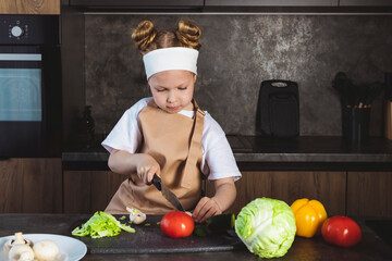 Cooking or Culinary school for children, kids. Little girl cooks on the kitchen, preparing...