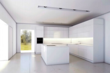 Fototapeta na wymiar Generative AI illustration of a large kitchen with minimalist decoration and furniture in white