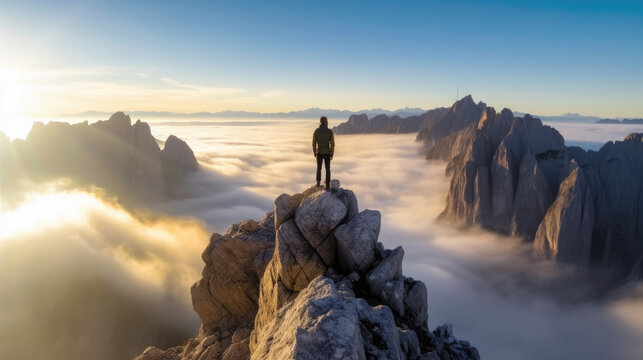 Alpine Majesty. A person standing on top of a mountain at sunrise with sun flare. Captivating beauty of the Swiss, French, and Italian Alps. Adventure and breathtaking views concept. AI Generative
