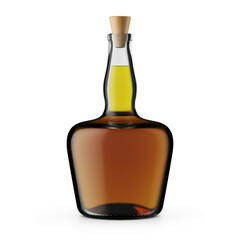 3d illustration of a transparent glass rum bottle with wooden stopper. White background with shadow. No label