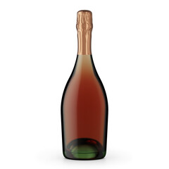 3d illustration of a champagne rose bottle with transparent glass and rose capsule. No label. White background with shadow.