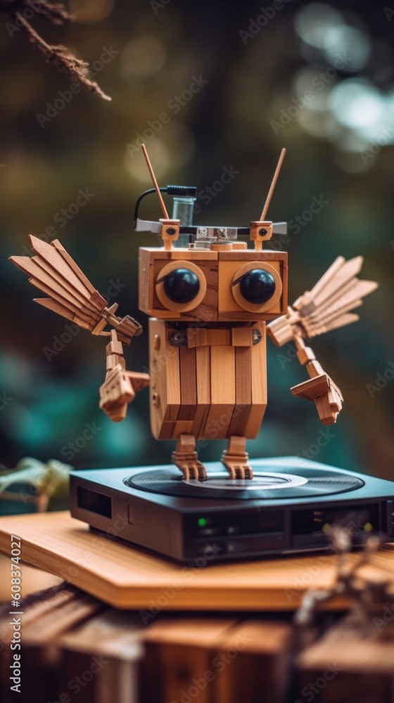 Poster a toy robot is sitting on top of a cd player. generative ai image.