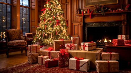 Obraz premium Christmas gifts, happy holidays and holiday celebration, wrapped gift boxes, presents and decorated Christmas tree, generative ai