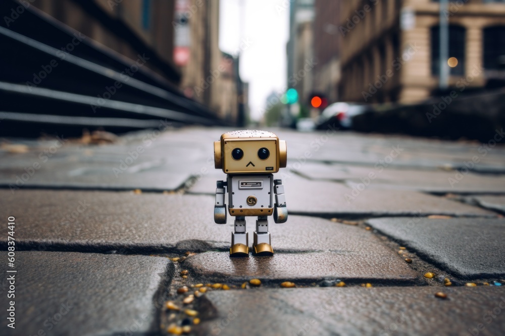 Poster a toy robot is standing on a sidewalk. generative ai image.