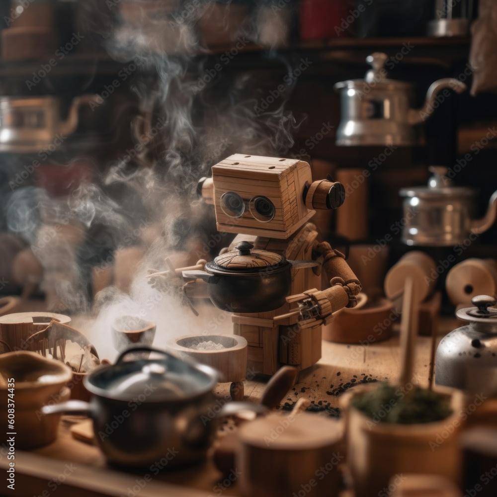 Aufkleber a wooden robot sitting on top of a table. generative ai image.