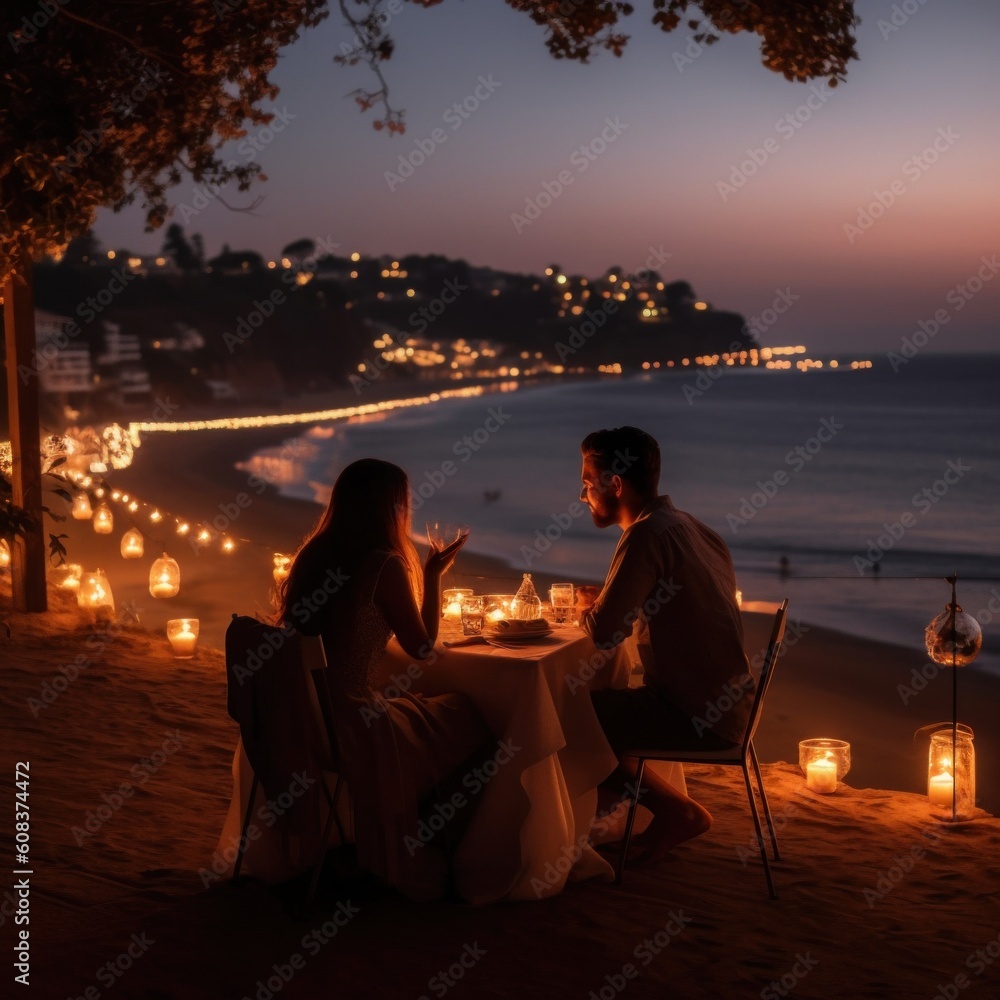 Poster A man and a woman sitting at a table on the beach. Generative AI image.