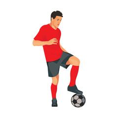 Asian football player stands in a half-turn, placing his foot on the ball