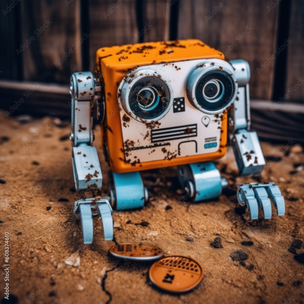 Poster a toy robot sitting on the ground next to a coin. generative ai image.