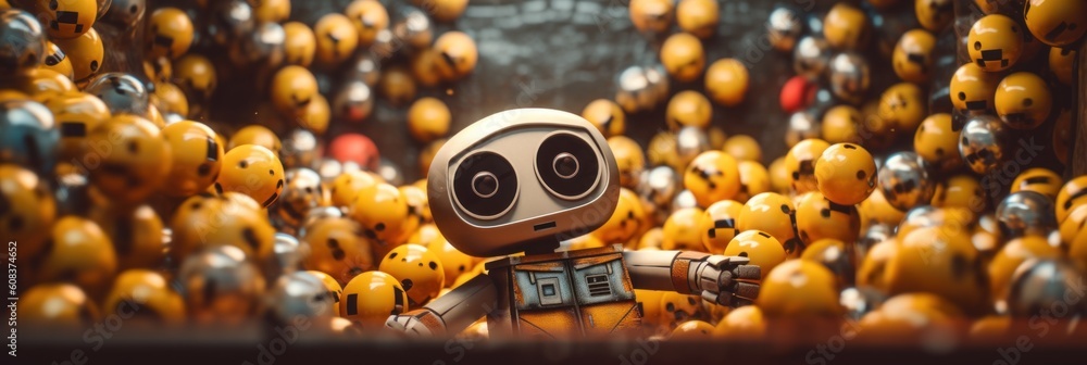 Poster a robot standing in front of a bunch of yellow balls. generative ai image.