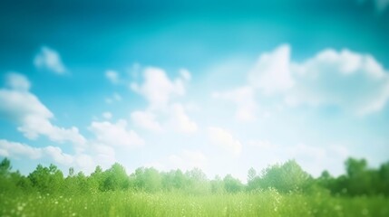 Fototapeta na wymiar Abstract blur beautiful green nature and blue sky white clouds wallpaper background, Generative AI