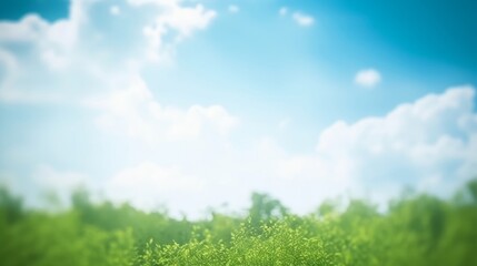 Abstract blur beautiful green nature and blue sky white clouds wallpaper background, Generative AI
