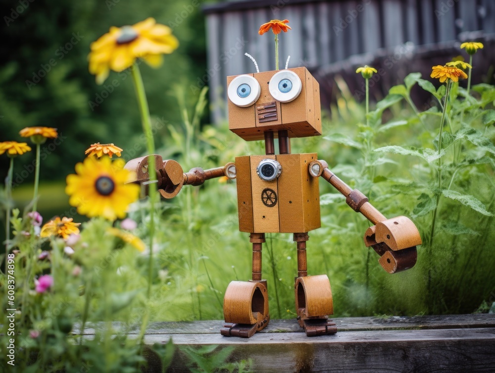 Poster a toy robot is standing in a flower garden. generative ai image.
