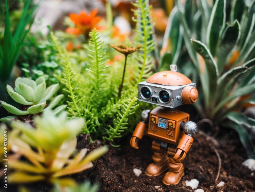 Poster a toy robot is standing in a garden. generative ai image.