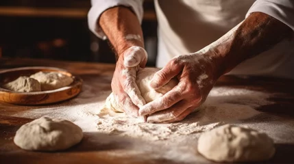 Foto op Canvas A person's hands kneading dough on a flour-dusted countertop while preparing homemade bread or pastry. AI generated © ArtSpree