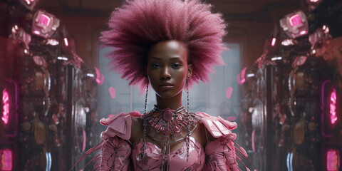 Fototapeta premium Afroamerikanische Frau Gesicht mit pinken Afrolook im Retro Style Nahaufnahme, ai generativ