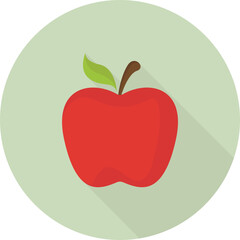 Red apple icon with long shadow on green background, flat design style