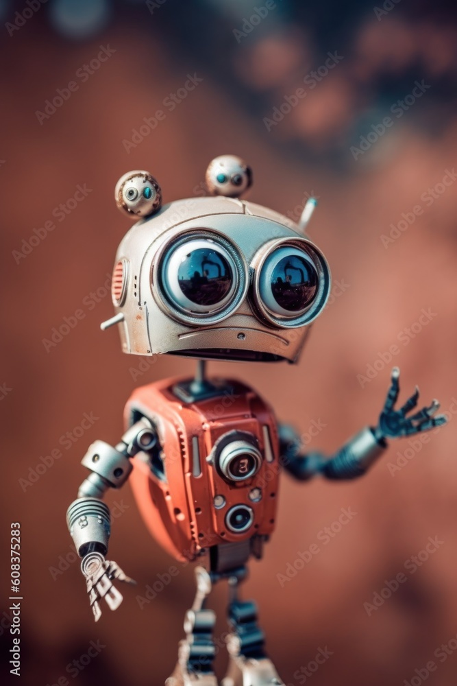Poster a toy robot with big eyes standing on a table. generative ai image.