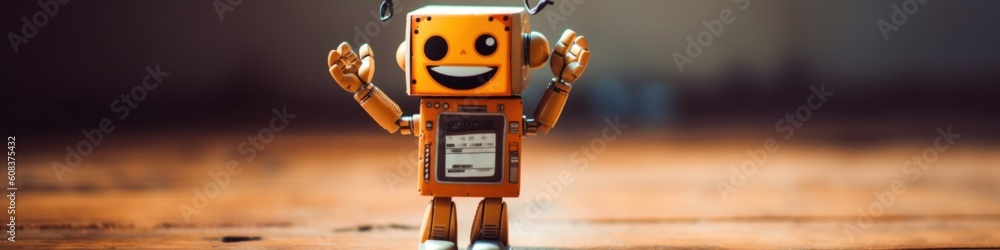 Poster a toy robot with a smile on its face. generative ai image.