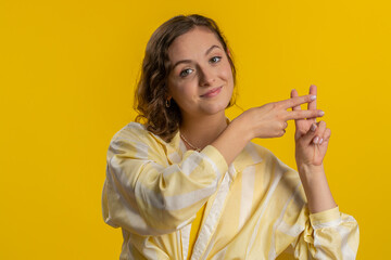 Hashtag. Woman showing hashtag symbol with fingers hands, likes tagged message, popular viral...