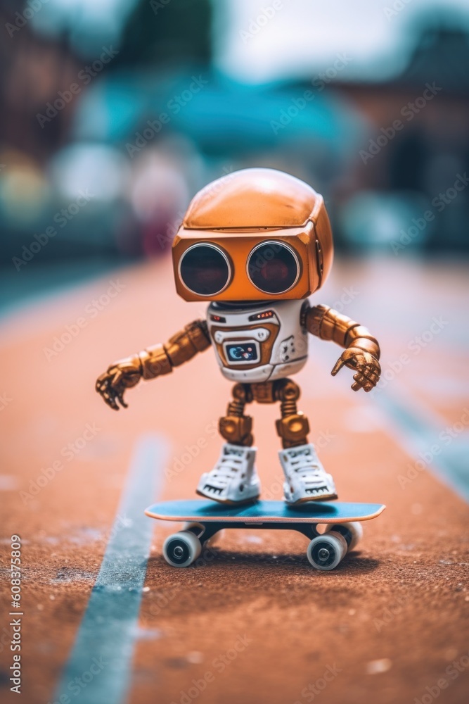 Aufkleber a toy robot riding a skateboard on a track. generative ai image.