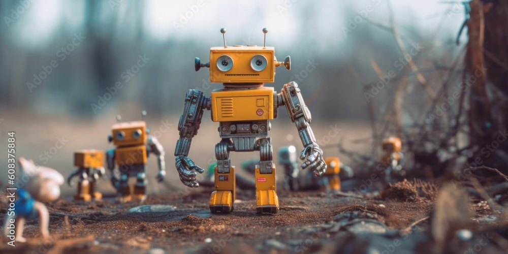 Poster a group of toy robots standing in the dirt. generative ai image.