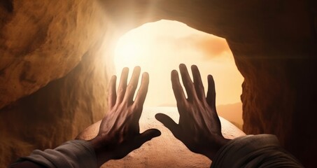 Easter and Good Friday concept, Nail marks hands of Christ Jesus on empty tomb background, Generative AI