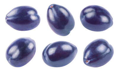 Plum isolated set. Collection of blue plums in different angles on a white background.