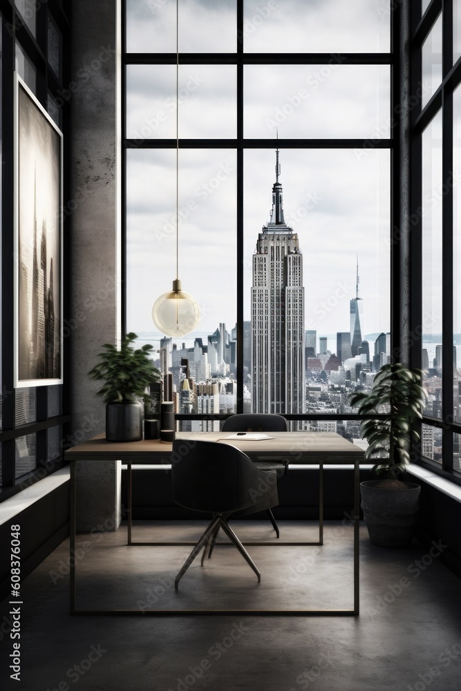 Poster a desk with a chair in front of a large window. generative ai image.