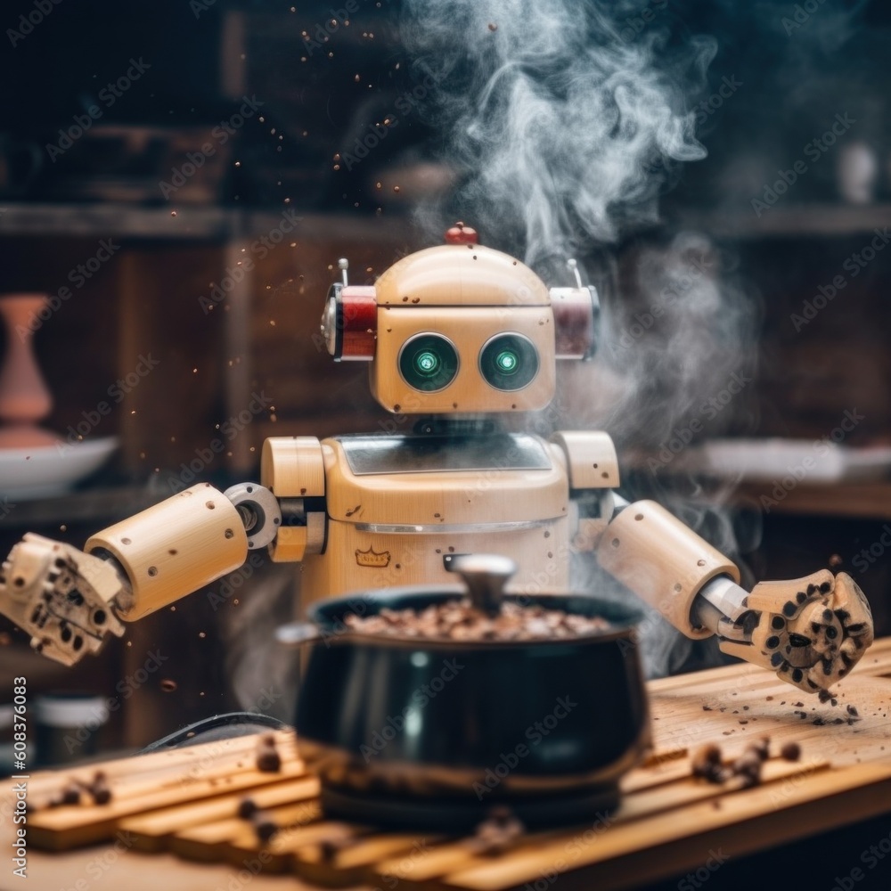 Poster a robot that is sitting on a table. generative ai image.