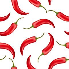 Vector Seamless Pattern with 3d Realistic Red Hot Chilli Pepper on White Background. Fresh Chilli Hot Pepper Design Template for Culinary Concept. Vector Illustration