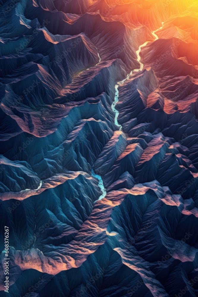Poster an aerial view of a river running through a valley. generative ai image.