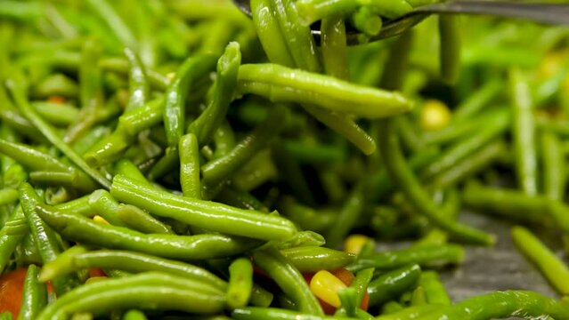 mix vegetables Green beans ready for cooking in frying pan. Bio green beans. cooking healthy home-made food. High quality 