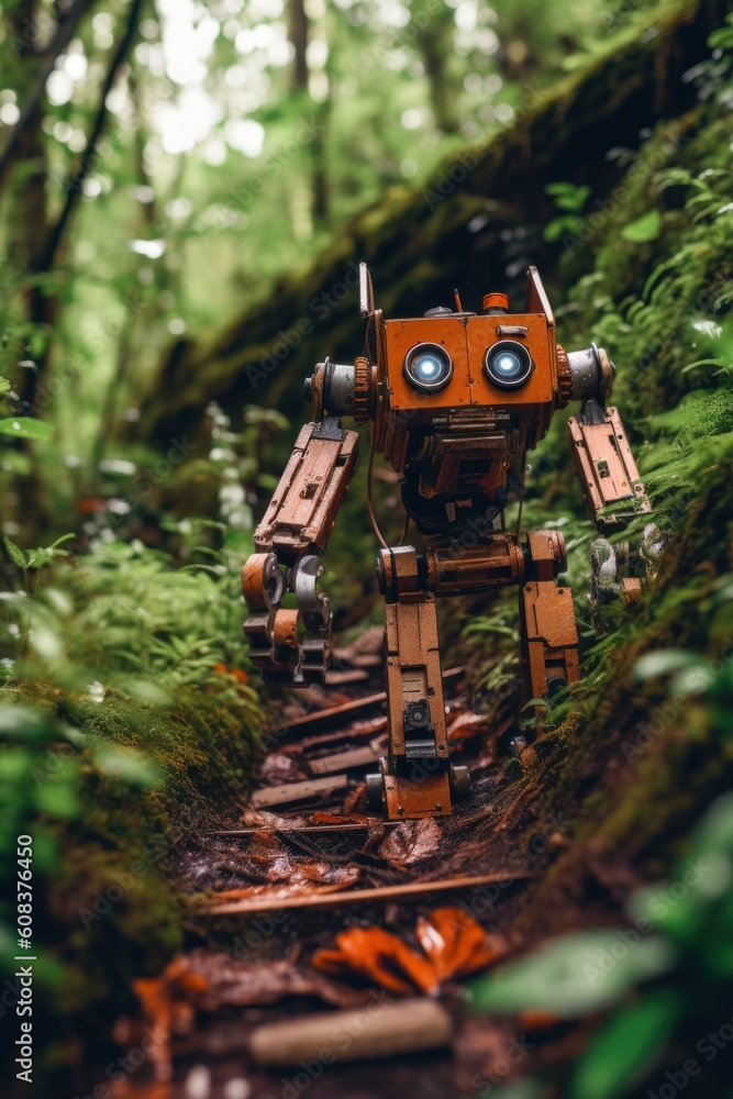 Poster a toy robot that is standing on a train track. generative ai image.