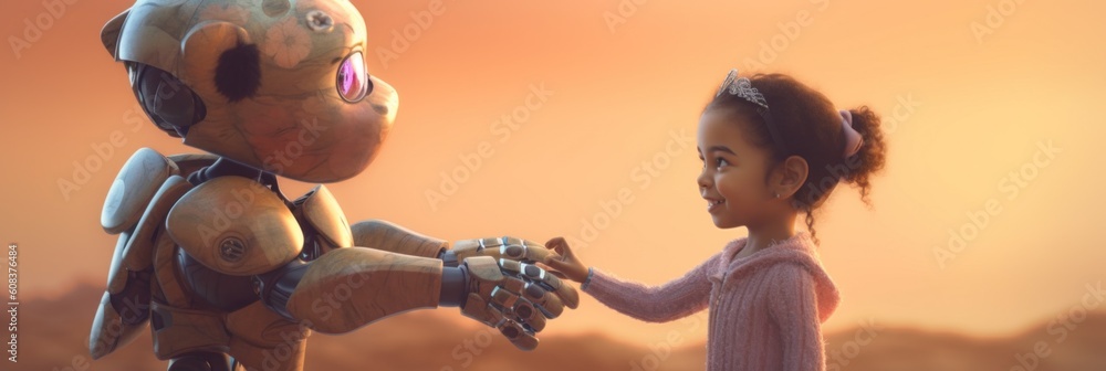 Poster a little girl shaking hands with a robot. generative ai image.