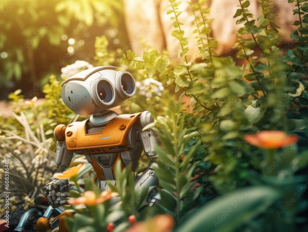 Poster a toy robot is standing in a garden. generative ai image.