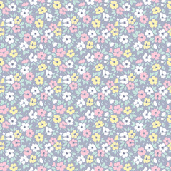 Beautiful floral pattern in small retro flowers. Small flowers. Light lilac background. Ditsy print. Floral seamless background. Stock vector for printing on surfaces. Abstract flowers.