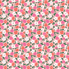 Beautiful floral pattern in small abstract flowers. Small colorful flowers. Coral pink background. Ditsy print. Floral seamless background. Elegant template for fashion prints. Stock pattern.