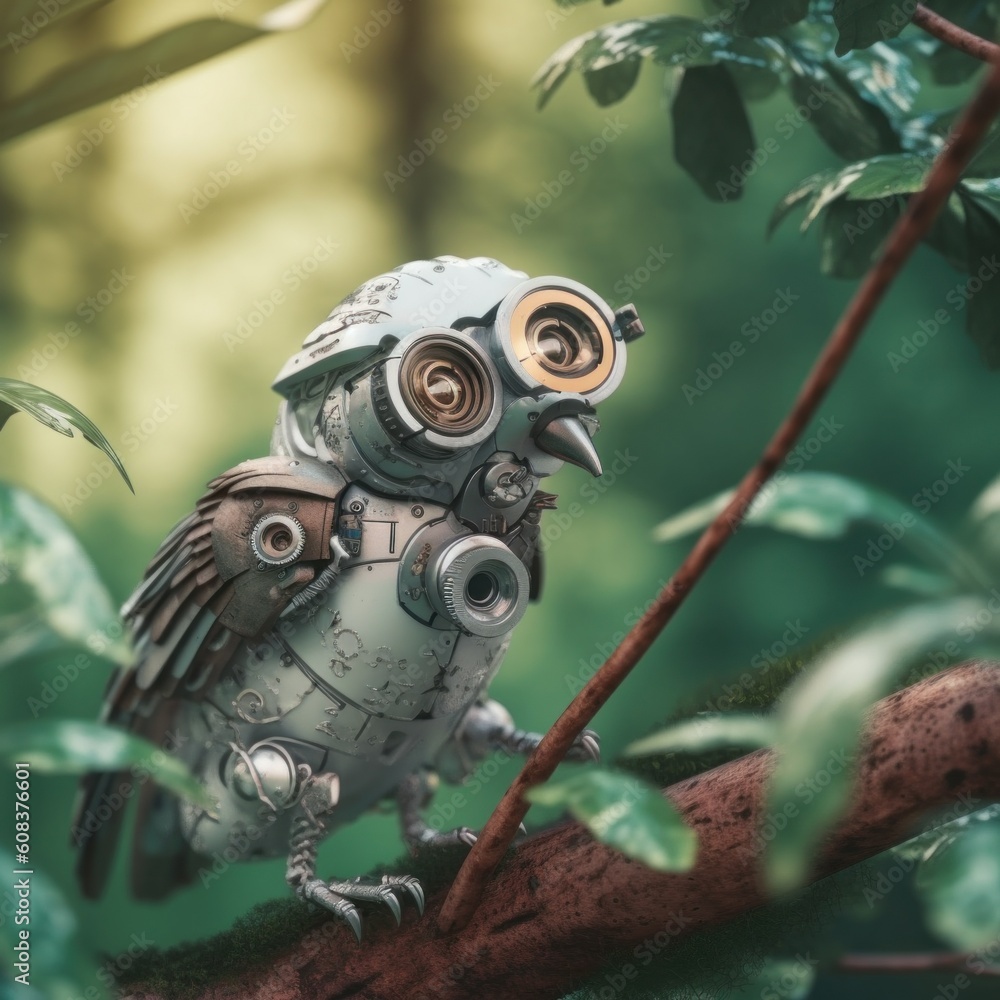 Aufkleber a toy owl sitting on top of a tree branch. generative ai image.