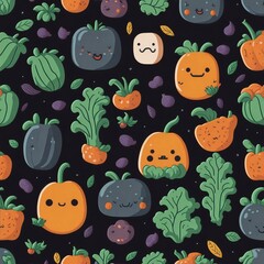 Generative AI of seamless pattern of different vegetables kawaii style. Happy vegetables with a dark background.