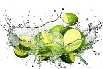 stock photo of water splash with sliced limes isolated Food Photography