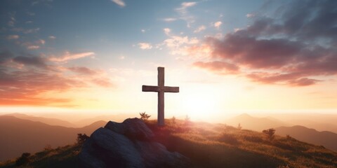 Christian wooden cross on the mountain sunset background, Generative AI
