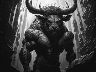 minotaur beast with horns in dark labyrinth generative AI illustration