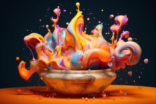 A bowl filled with colorful liquid pouring out of it. Generative AI image.