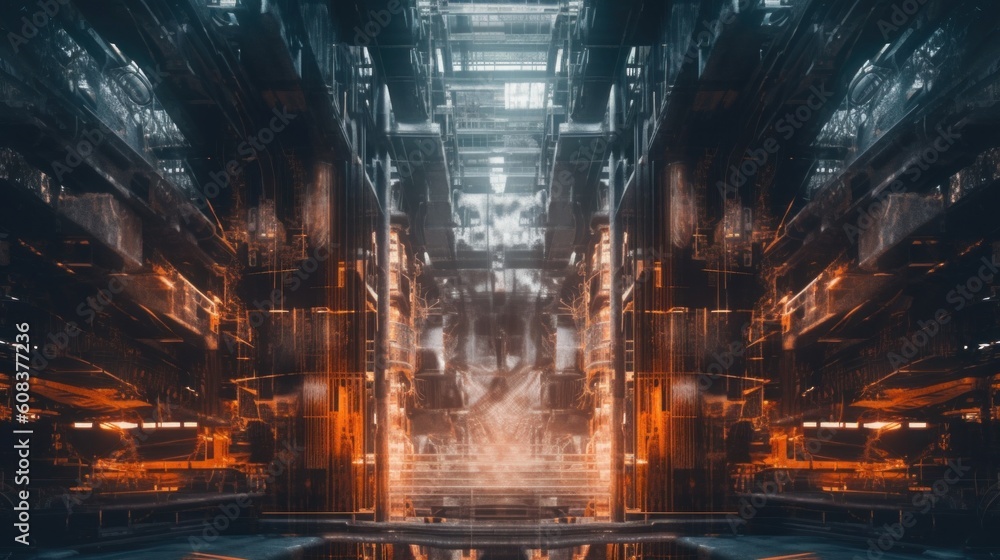 Poster a large building with a pool in the middle of it. generative ai image.