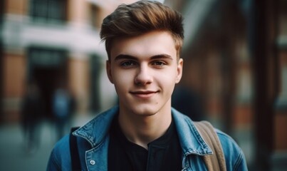 Fototapeta premium Caucasian happy male in university campus, Portrait of teenage male student standing in a college, generative AI