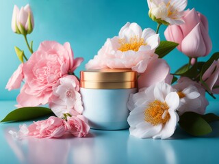 Facial skin care moisturizing cream in a blue jar on blue background with flowers. AI generated