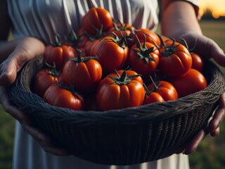 basket of tomatoes in farmers hand, generative AI